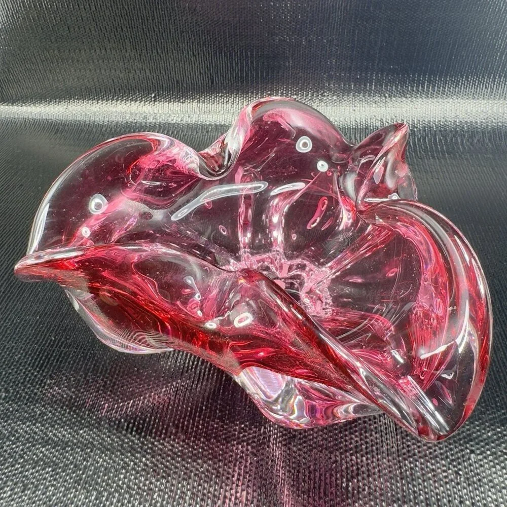 Hand Blown Bohemian Cranberry Art‎ Glass Dish Bowl Folded Edges Original Sticker